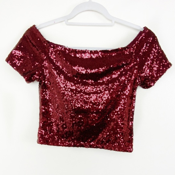 Lulu’s | Born To Stun Burgundy Sequin Off-The-Shoulder Crop Top - Picture 4 of 9